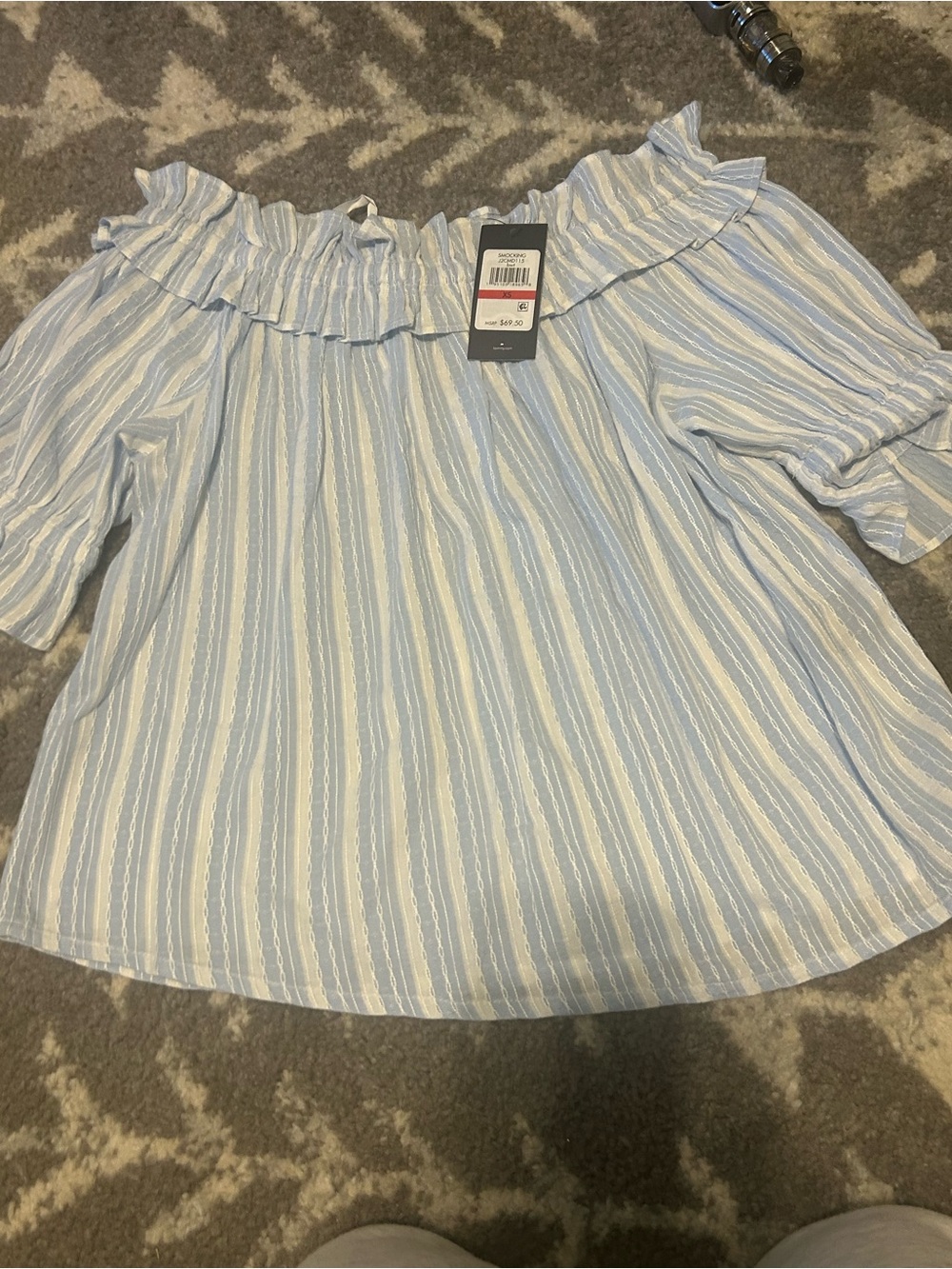 Tommy Hilfiger Blue and White Striped Off-Shoulder Ruffle Top